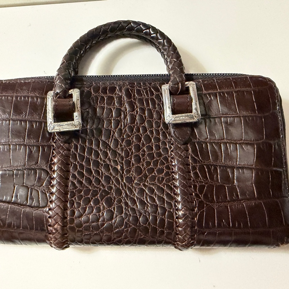 Brighton Brown Croc Embossed Leather Zip Around Wallet Braided Handle